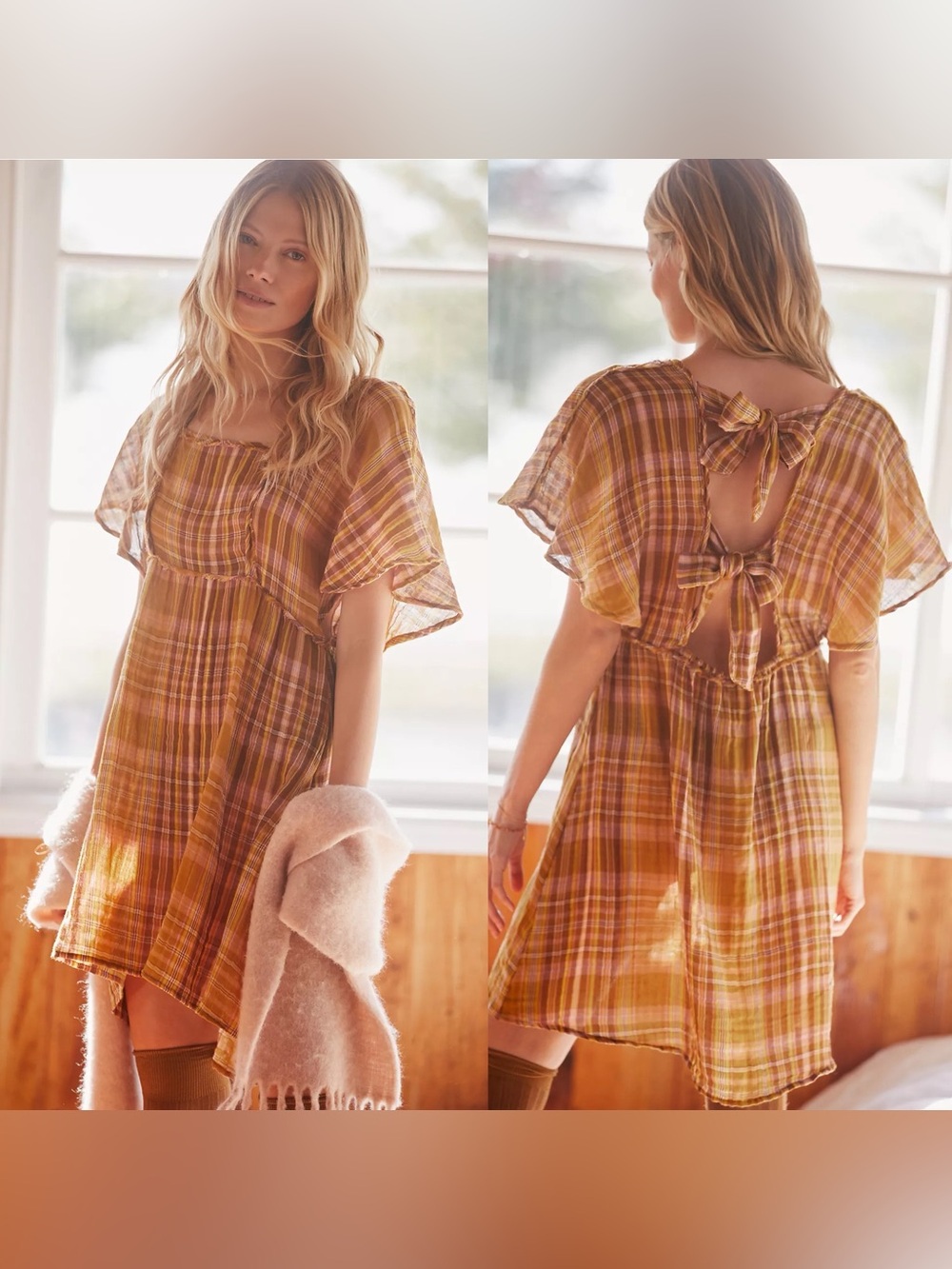 Anthropologie Gauzy Plaid Fall Mini Babydoll Open Back Dress size Small
